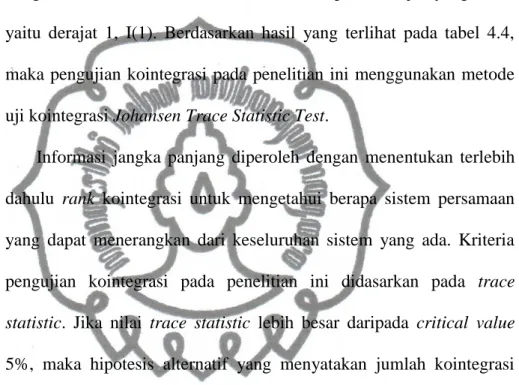 Tabel  4.5  merupakan  rangkuman  dari  hasil  pengolahan  data  pengujian  kointegrasi  Johansen