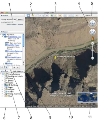 Gambar 1 Fitur Pada Google Earth  1. Panel  Telusuri  -  Gunakan  untuk  mencari  tempat  dan  arah  dan  mengelola  hasil  penelusuran