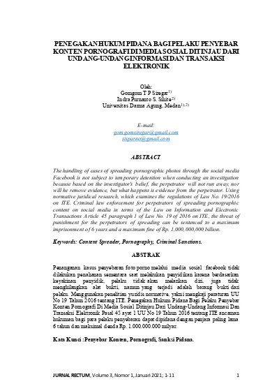 Penegakan Hukum Pidana Bagi Pelaku Penyebar Konten Pornografi Di Media