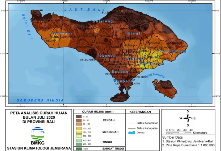 Gambar 1. Peta analisis curah hujan bulan Juli 2020 di Provinsi Bali