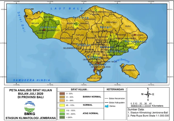Gambar 2. Peta analisis sifat hujan bulan Juli 2020 di Provinsi Bali