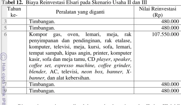 Tabel 12.  Biaya Reinvestasi Elsari pada Skenario Usaha II dan III  Tahun 