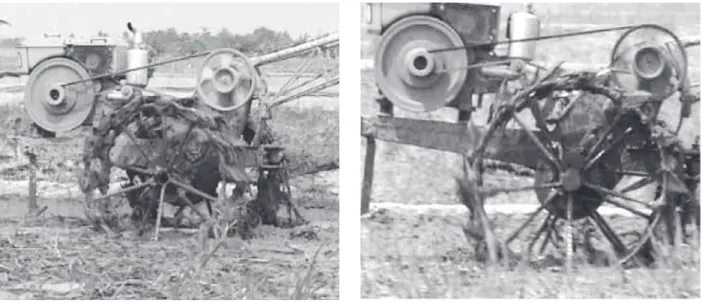 Gambar 9. Perbandingan tanah atau lumpur yang menempel pada roda :  a) roda hasil rancangan, b) roda lokal