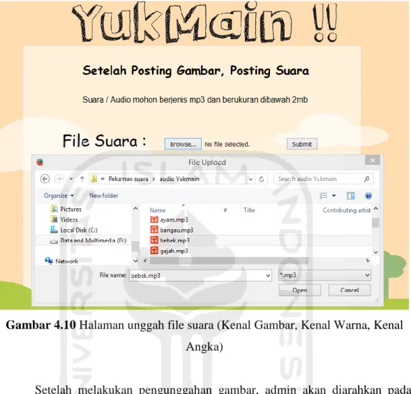 Gambar 4.10 Halaman unggah file suara (Kenal Gambar, Kenal Warna, Kenal  Angka) 