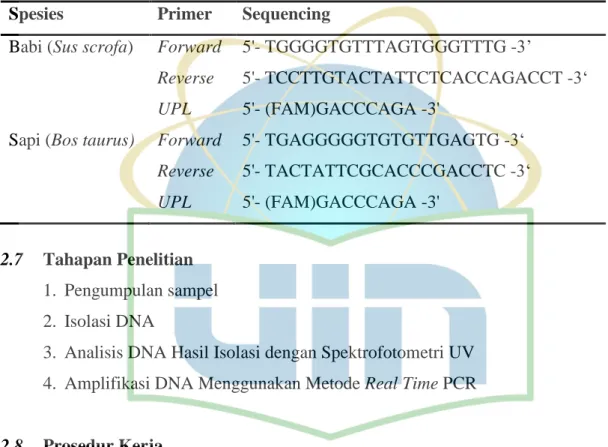 Tabel  3.1.  Susunan  Basa Primer  dan  Universal  Probe Library  untuk  DNA  Sapi dan Babi (Roche ® ) dengan Modifikasi 