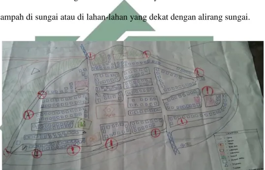 Gambar 12 : Peta tematik, tanda merah menandakan titik tempat pembuangan  sampah yang di lakukan masyarakat Desa Kemudi 