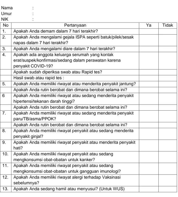 Tabel 9. Format Skrining Sebelum Vaksinasi COVID-19 