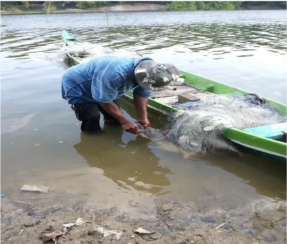 Gambar 3.5 Bapak Sumarto mengambil ikan hasil tangkapannya dari  sungai Bengawan Solo dengan perahu kecil 