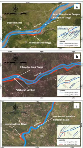 Gambar 3. Perubahan Alur Kali Putih  di Bagian Hulu (a), Tengah (b) dan 