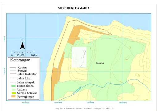 Gambar 4. Peta Situs Bukit Amaiha (Sumber: Peta Dasar BIG dan dimodifikasi untuk Dokumen  Laporan Granucci Fund, 2015) 