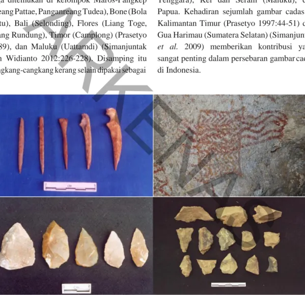Foto 1. Kiri atas  : Lancipan alat tulang Gua Braholo (Gunung Sewu)  Kanan atas    : Gambar cadas Gua Harimau (Padang Bindu)  Kiri bawah   : Alat serpih Song Keplek (Gunung Sewu) 