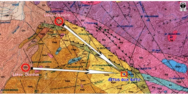 Gambar 6. Situs Gua Batu dan lokasi bahan baku obsidian dalam Peta Geologi Lembar  Sar olan- olan-gun (Sumber: Suwarna et al, 1992 dengan modifikasi)