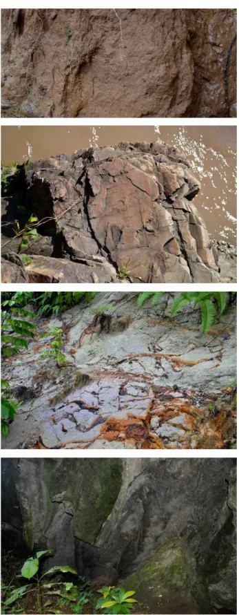 Gambar  4.  Singkapan  batuan  penyusun  wilayah  penelitian,  dari  atas  ke  bawah:  aluvial,  serpih  (shale),  batulanau  (siltstone)  dan  gamping  (limestone)  (Sumber: dok