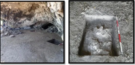 Gambar 1. 3 .  Kotak ekskavasi di Gua Here Sorot Entapa, Wosi (kiri) dan  Gua Kuil  Eu Lapa, Purpura (kanan)