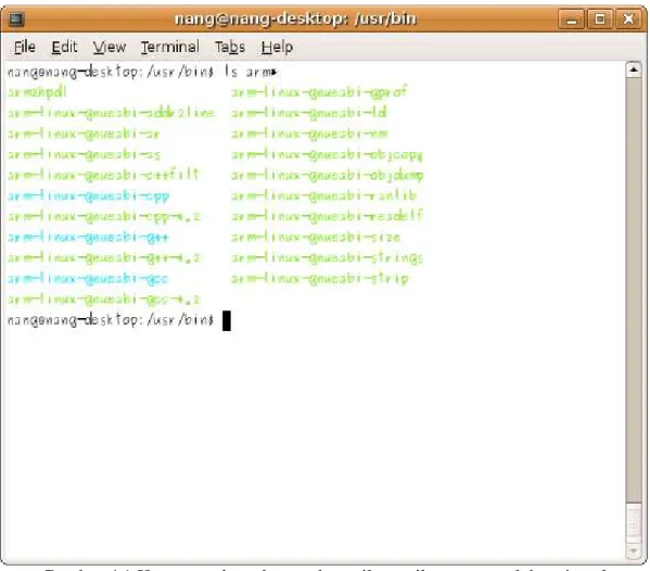 Gambar   dibawah   ini   adalah   tampilan   dari   komputer  host  yang   sudah  dilengkapi dengan kompilator silang (cross compiler) dilihat dari terminal.