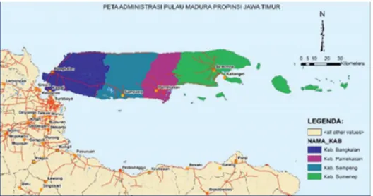 Gambar 1.  Peta pembagian administratif  Pulau Madura.