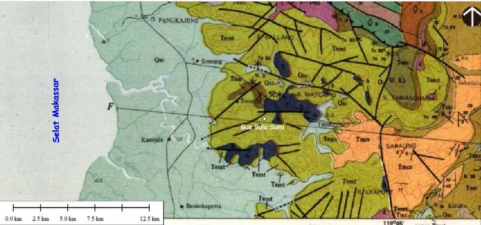 Gambar 5. Gua Bulu Sumi terletak pada Foramasi Tonasa dalam peta geologi   (Sumber: Dokumentasi Soekamto Rab, Tahun 1982) 