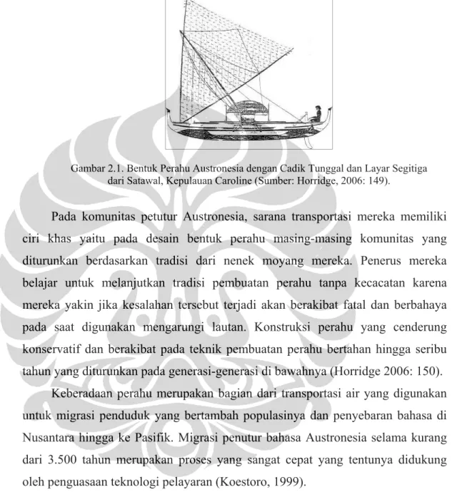 Gambar 2.1. Bentuk Perahu Austronesia dengan Cadik Tunggal dan Layar Segitiga   dari Satawal, Kepulauan Caroline (Sumber: Horridge, 2006: 149)