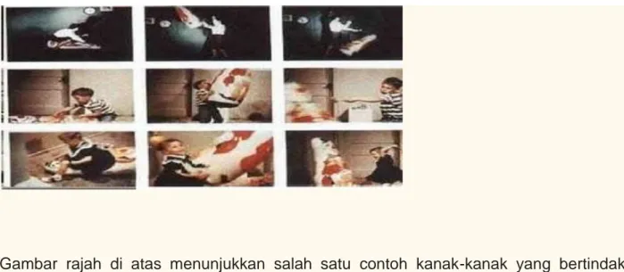 Gambar  rajah  di  atas  menunjukkan  salah  satu  contoh  kanak-kanak  yang  bertindak  agresif terhadap patung Bobo selepas menonton video yang diberikan