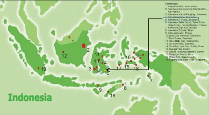 Figur 1. Sebaran Gambar Cadas di Indonesia (modifikasi setelah Oktaviana et al 2016) 