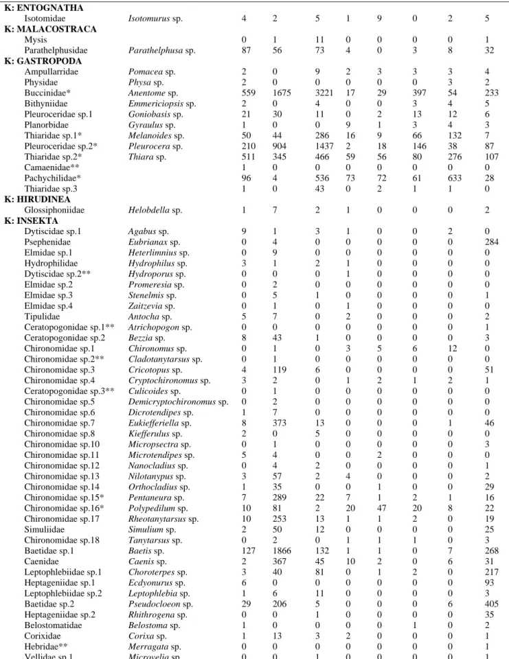 Tabel 2. Komposisi makrozoobentos di setiap stasiun pada ekosistem lotik     Famili  Spesies  St