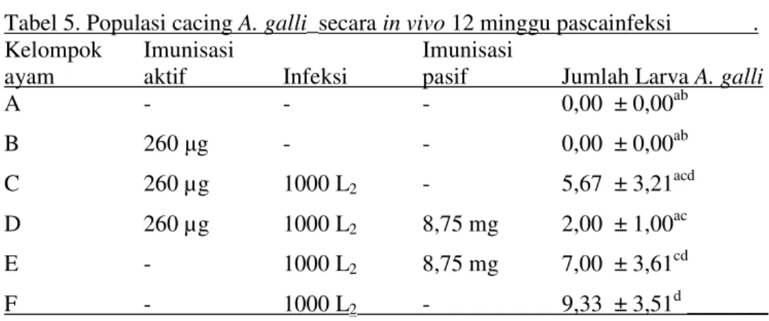 Tabel 5. Populasi cacing A. galli_secara in vivo 12 minggu pascainfeksi              