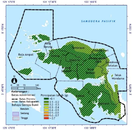 Gambar  10.  Wilayah  yang  memiliki  potensi  bahaya  gempa  cukup  tinggi  umumnya  berada  di  bagian  pantai  utara,  hal  ini  disebabkan  ,  hal  ini  disebabkan  adanya  sejumlah  lipatan  dan  sesar  dibagian  pantai  utara  Provinsi  Papua  Barat 