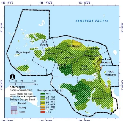 Gambar 7. Peta sebaran percepatan tanah maksimum dan potensi bahaya gempa bumi di  Provinsi Papua Barat pada periode ulang 50 tahun (hasil analisis, 2019)
