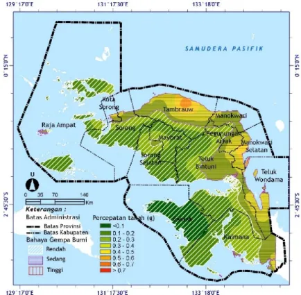 Gambar 9. Peta sebaran percepatan tanah maksimum dan potensi bahaya gempa bumi di  Provinsi Papua Barat pada periode ulang 500 tahun (hasil analisis, 2019)