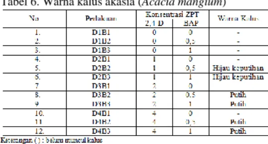 Tabel 6. Warna kalus akasia (Acacia mangium) 