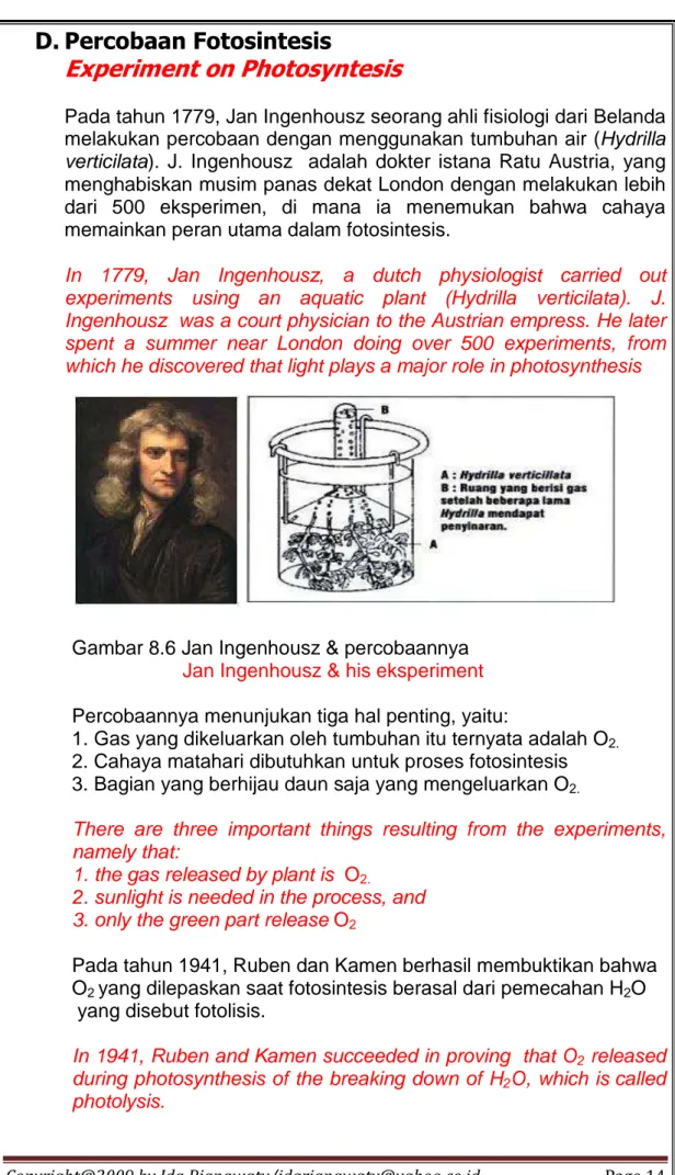 Gambar 8.6 Jan Ingenhousz &amp; percobaannya   Jan Ingenhousz &amp; his eksperiment  Percobaannya menunjukan tiga hal penting, yaitu: 