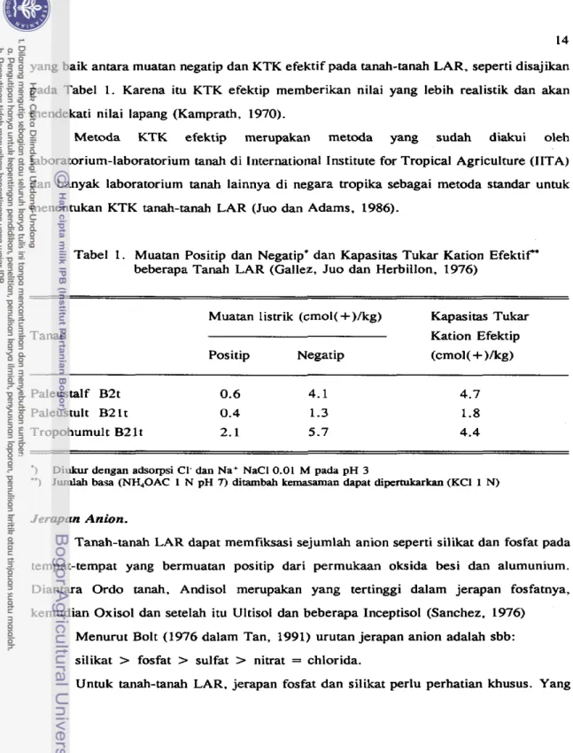 Tabel  1.  Muatan  Positip dan  Negatip'  dan Kapasitas Tukar Kation  Efektif'  beberapa  Tanah  LAR  (Gallez,  Juo dan Herbillon,  1976) 