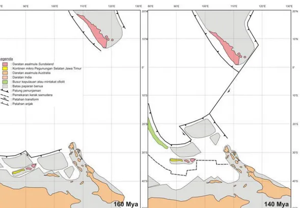 Gambar 2.  Rekonstruksi  160  jtl  (Oxfordian  –  awal  Yura  Akhir),  dimana  bagian  barat  Australia  mengalami  pemekaran  menjadi  berbagai  kontinen  mikro,  termasuk  PSJT;  dan  140  jtl  (Valanginian  –  awal  Kapur  Awal)  ketika  pemekaran samud