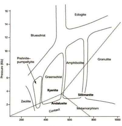 Gambar 2. 4 Diagram temperatur dan tekanan dari variasi fasies metamorfos (Bucher  dan Frey, 1994 dan Yardley, 1989) 