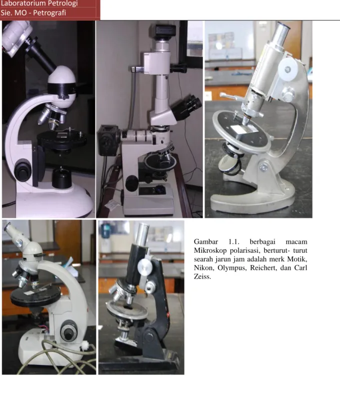Gambar  1.1.  berbagai  macam  Mikroskop  polarisasi,  berturut-  turut  searah jarun jam adalah  merk Motik,  Nikon,  Olympus,  Reichert,  dan  Carl  Zeiss