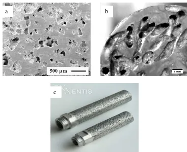Gambar 0.2 : (difabrikasi menggunakan amonium hidrogen carbonat((NHholder (Wang et al., 2009),, (b) Foto makro alumnium dengan lubang pori memanjang saling berhubungan yang difabrikasi menggunakan paduan Pb-Sn sebagai space holder (Nugroho, 2012), (c) Sala