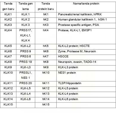 Tabel 2.1.  Nomenklatur dari Human Kallikrein Dikutip dari 17 