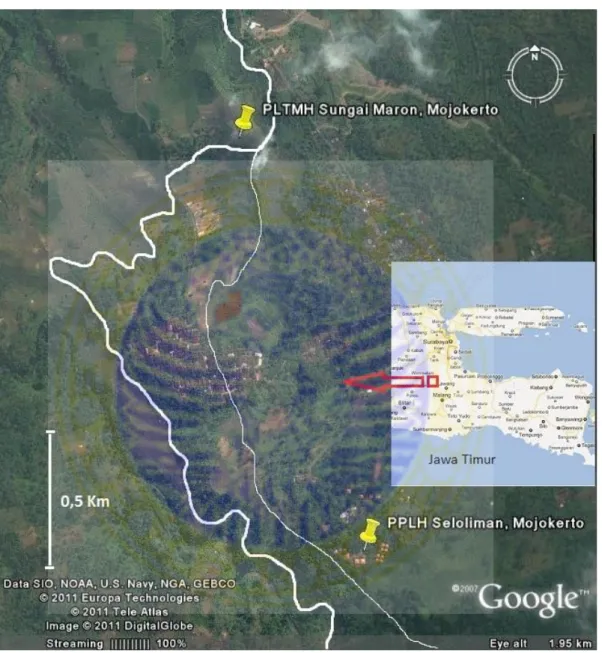 Gambar  2.3  Peta  lokasi  sistem  sungai  Maron,  Desa  Seloliman  Kecamatan  Trawas Kabupaten Mojokerto (dimodifikasi dari Google Maps, 2007)
