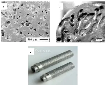 Gambar 0.2 : difabrikasi menggunakan amonium hidrogen carbonat((NH((a). Foto SEM dari titanium alloy berpori (porositas 50%) yang 4)HCO3) sebagai space holder (Wang et al., 2009),, (b) Foto makro alumnium dengan lubang pori memanjang saling berhubungan yang difabrikasi menggunakan paduan Pb-Sn sebagai space holder (Nugroho, 2012), (c) Salah satu penggunaan metal foam dalam heat exchanger yang difabrikasi menggunakan metoda liquid state  processing http://www.exxentis.co.uk/metal-foam.html) 