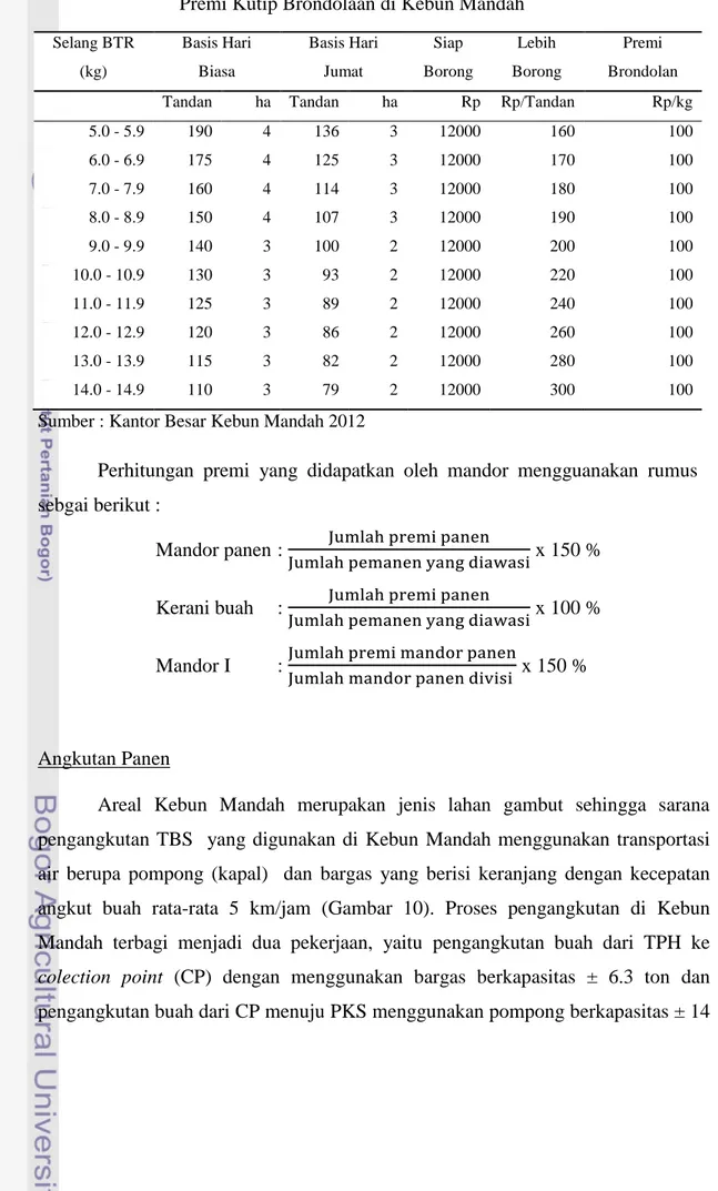 Tabel  6.  Basis  Tandan,  Premi  Siap  Borong,  Premi  Lebih  Borong,  dan  Premi Kutip Brondolaan di Kebun Mandah 