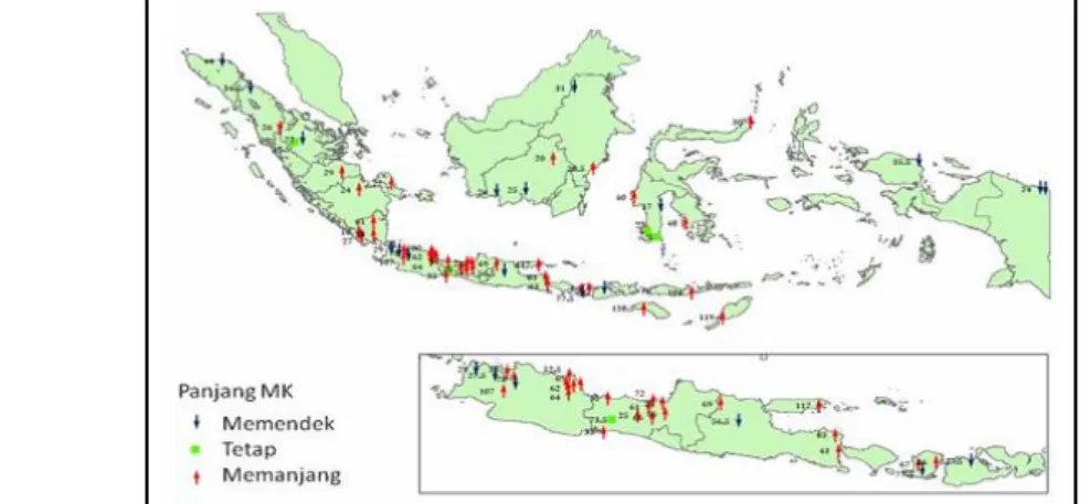 Gambar 2. Perubahan panjang musim kemarau di seluruh Indonesia           (Sumber: Boer et al., 2009)