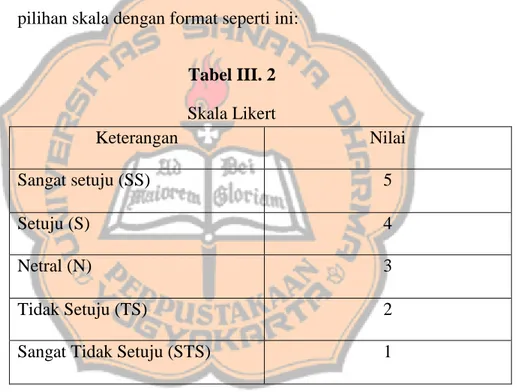 Tabel III. 2  Skala Likert  Keterangan  Nilai  Sangat setuju (SS)  5  Setuju (S)  4  Netral (N)  3  Tidak Setuju (TS)  2 