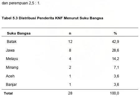 Tabel 5.3 Distribusi Penderita KNF Menurut Suku Bangsa 