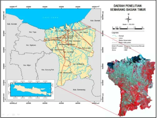 Gambar 1.  Daerah Penelitian (Kota Semarang bagian timur) dan  kenampakannya pada citra  komposit warna 4-3-2(RGB) ALOS AVNIR-2