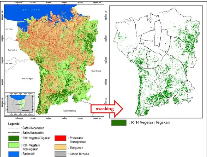 Gambar 2. Hasil klasifikasi multispectral berupa informasi penutup lahan secara umum yang  di-masking untuk menyajikan area RTH bervegetasi tegakan saja