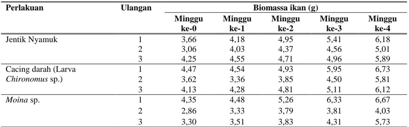 Tabel 1. Data Biomassa Ikan Cupang Selama Pemeliharaan 
