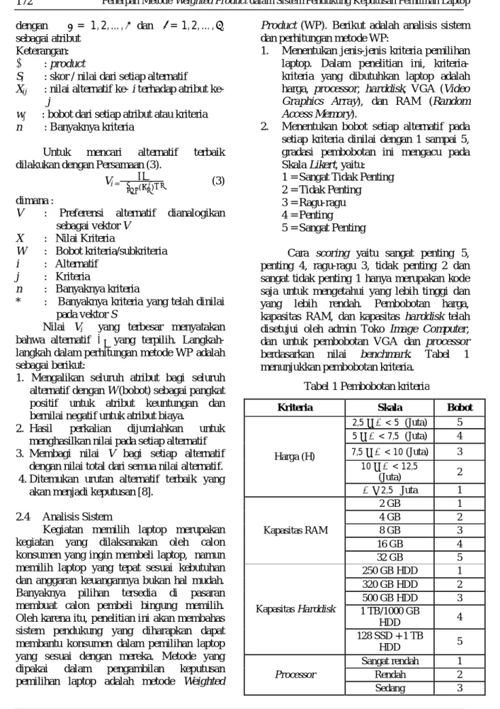 Tabel 1 Pembobotan kriteria dengan     =  1, 2, … ,  dan = 1, 2, … , . 