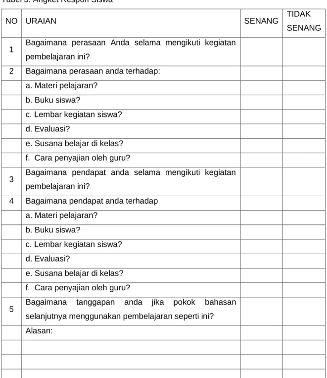 Tabel 3. Angket Respon Siswa 