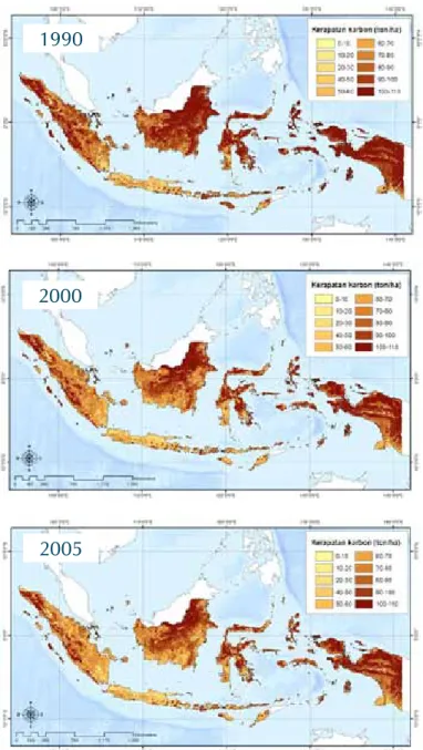 Tabel 1. Dinamika cadangan karbon di atas permukaan  tanah di Indonesia 1990- 2000-2005 1990–2000 2000–2005 1990–2005 Emisi Bruto  Total (Gt CO 2 e)  7,93 2,35 10,27 Penyerapan  Total (Gt CO 2 e)  0,93 1,10 1,04 Emisi Bersih  Total (Gt CO 2 e)  6,99 1,25 9