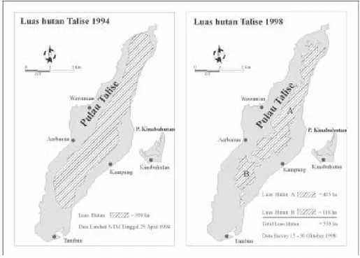Gambar 5.   Perbandingan Luas Hutan Pulau Talise Tahun 1994 dengan Tahun 1998.